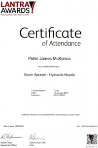 Lantra Awards - Boom sprayer hydraulic nozzle training awarded to Peter McKenna PJ Cleaning Services, Sligo, Ireland