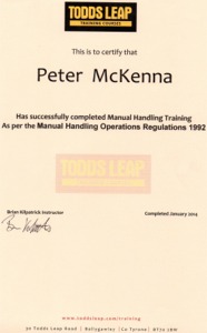 Todds Leap Training Courses - Manual handling operations regulations awarded to Peter McKenna of PJ Cleaning Services, Sligo, Ireland